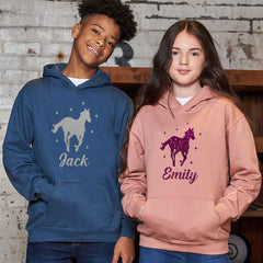 Personalised Glitter Horse Riding Hoodie Girls Boys Hoody Kids Top Jumper