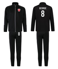 Personalised Kids Sports Tracksuit Zipper Top and Pants, Sport kit Customised Name Print England Flag Names & Numbers for Young Athletes