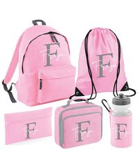 Personalised Initial Name Backpack, Lunch Bag, Drawstring, Water bottle and Pencil Case PE Bag Kids Boys Girls