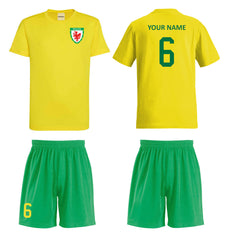 Personalised Wales Style Football Kits Yellow & Green Customised Shirts and Shorts