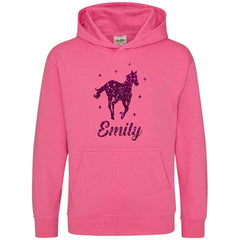 Personalised Glitter Horse Riding Hoodie Girls Boys Hoody Kids Top Jumper