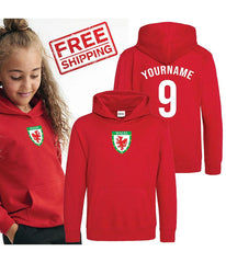 Personalised Wales Style Football Kids Hoodie Kits Customised Printed Name and Number Unisex Hoodies Jumper Top