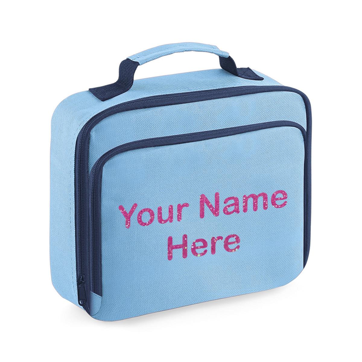 Personalised Girls Lunch Bag Children School Insulated Glitter Heart Snack Box