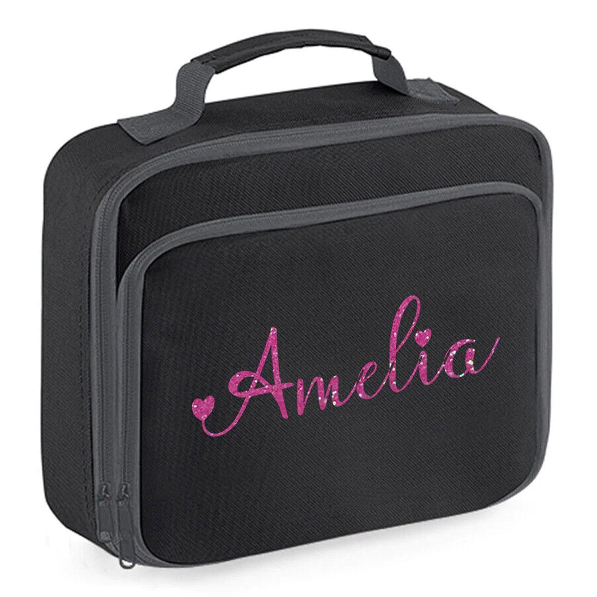 Personalised Girls Lunch Bag Childrens School Insulated Glitter Heart Snack Box