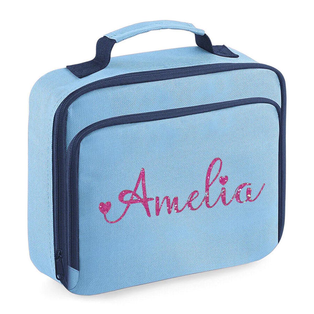 Personalised Girls Lunch Bag Childrens School Insulated Glitter Heart Snack Box
