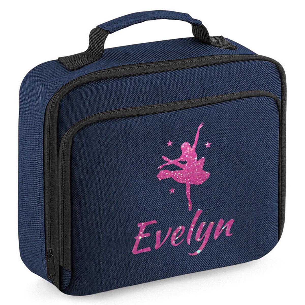 Girls Personalised Glitter Dance School Lunch Bag Kids Gymnastics Insulated Box