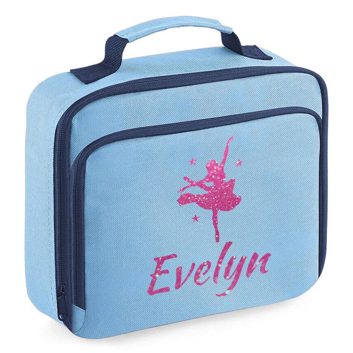 Girls Personalised Glitter Dance School Lunch Bag Kids Gymnastics Insulated Box