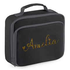 Personalised Girls Lunch Bag Childrens School Insulated Glitter Heart Snack Box