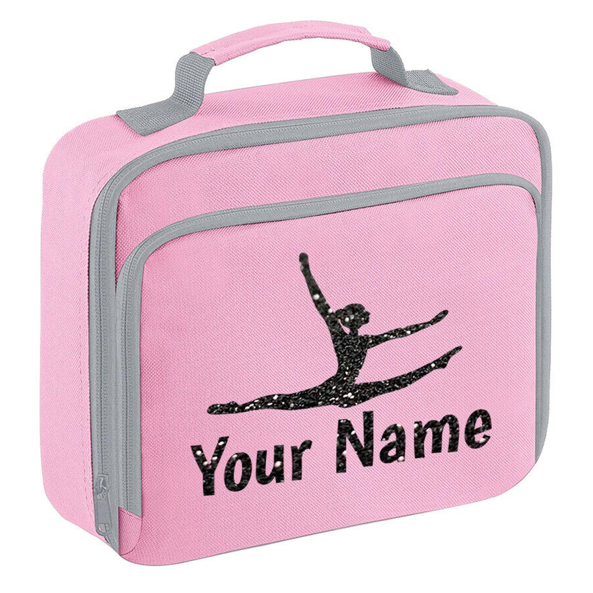 Girls Personalised Glitter Gymnastics School Lunch Bag Kids Dance Insulated Box