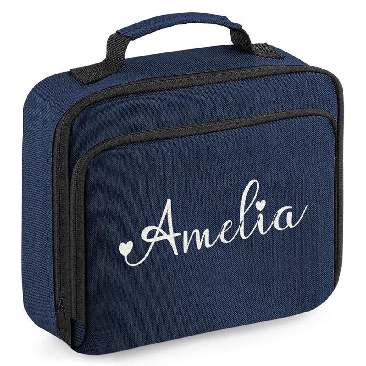 Personalised Girls Lunch Bag Childrens School Insulated Glitter Heart Snack Box