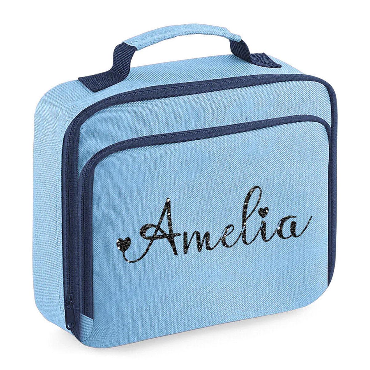 Personalised Girls Lunch Bag Childrens School Insulated Glitter Heart Snack Box