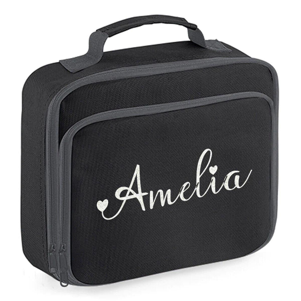 Personalised Girls Lunch Bag Childrens School Insulated Glitter Heart Snack Box