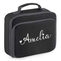 Personalised Girls Lunch Bag Childrens School Insulated Glitter Heart Snack Box