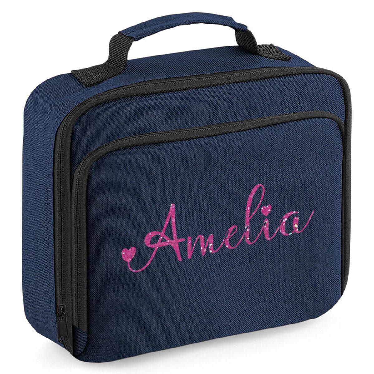 Personalised Girls Lunch Bag Childrens School Insulated Glitter Heart Snack Box