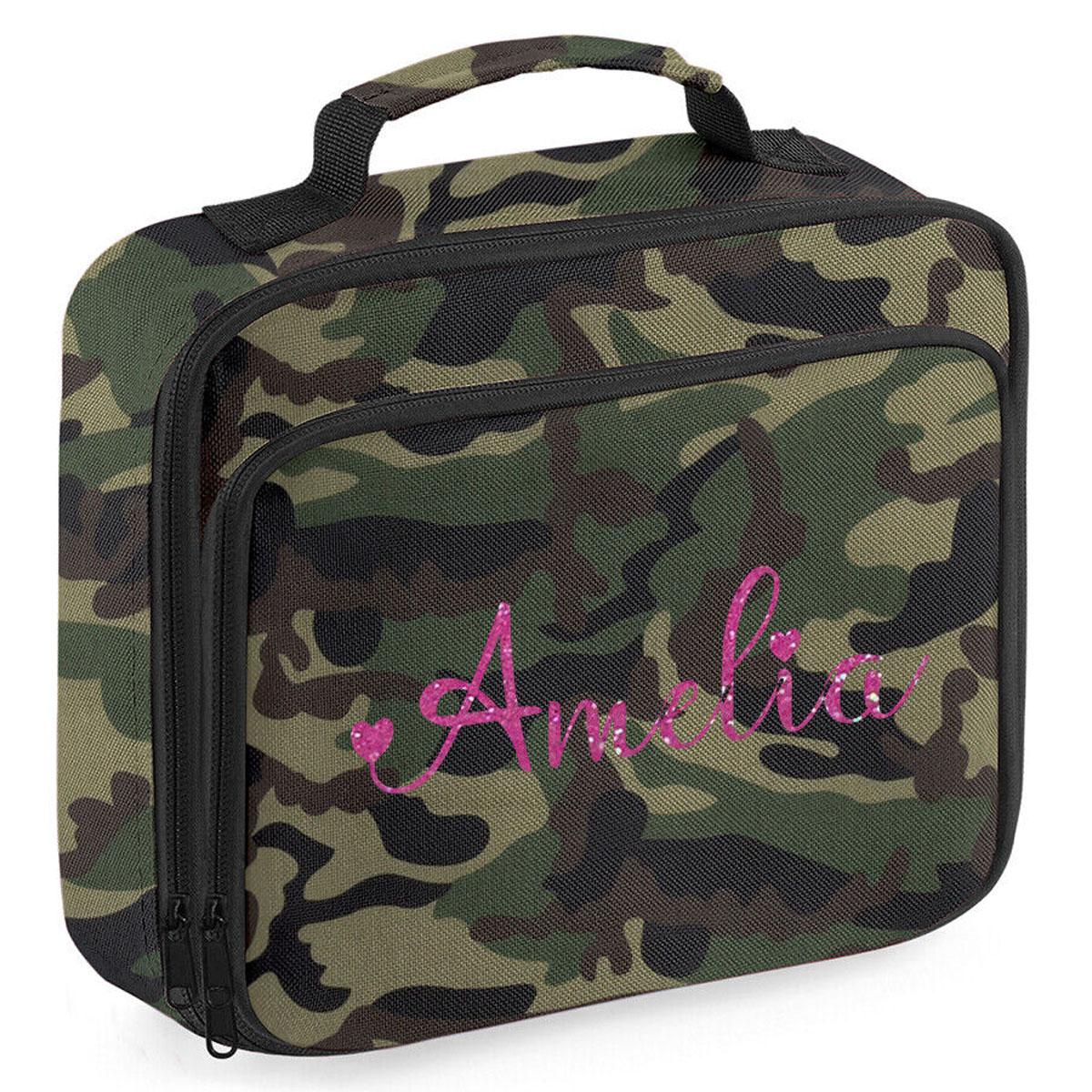 Personalised Girls Lunch Bag Childrens School Insulated Glitter Heart Snack Box