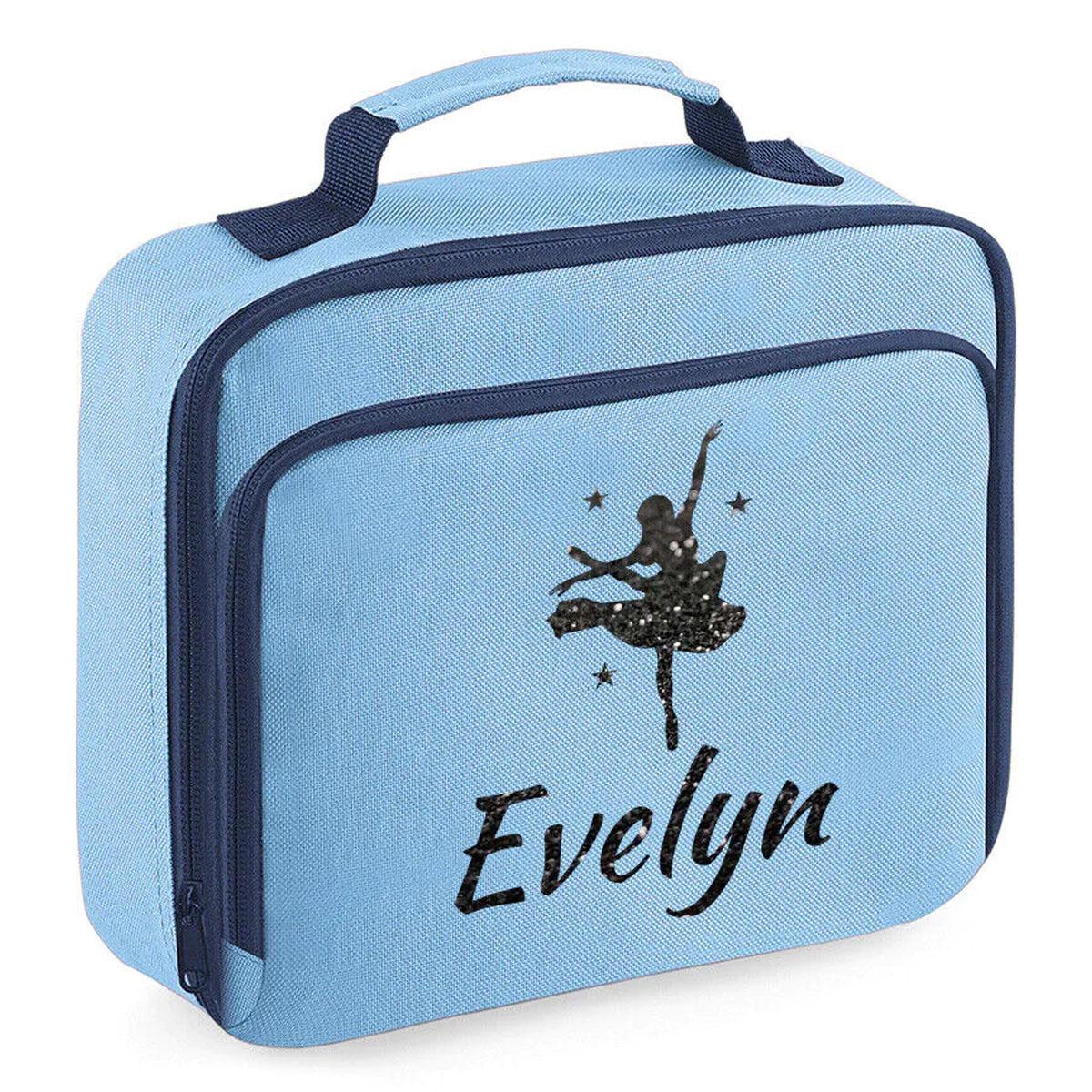 Girls Personalised Glitter Dance School Lunch Bag Kids Gymnastics Insulated Box