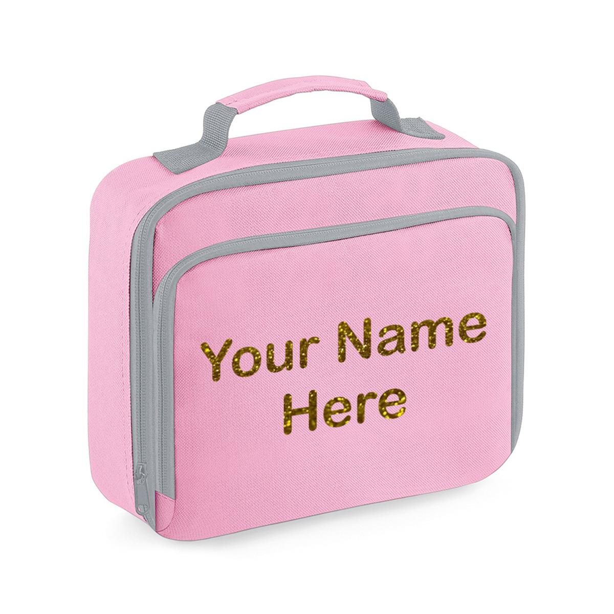 Personalised Girls Lunch Bag Children School Insulated Glitter Heart Snack Box