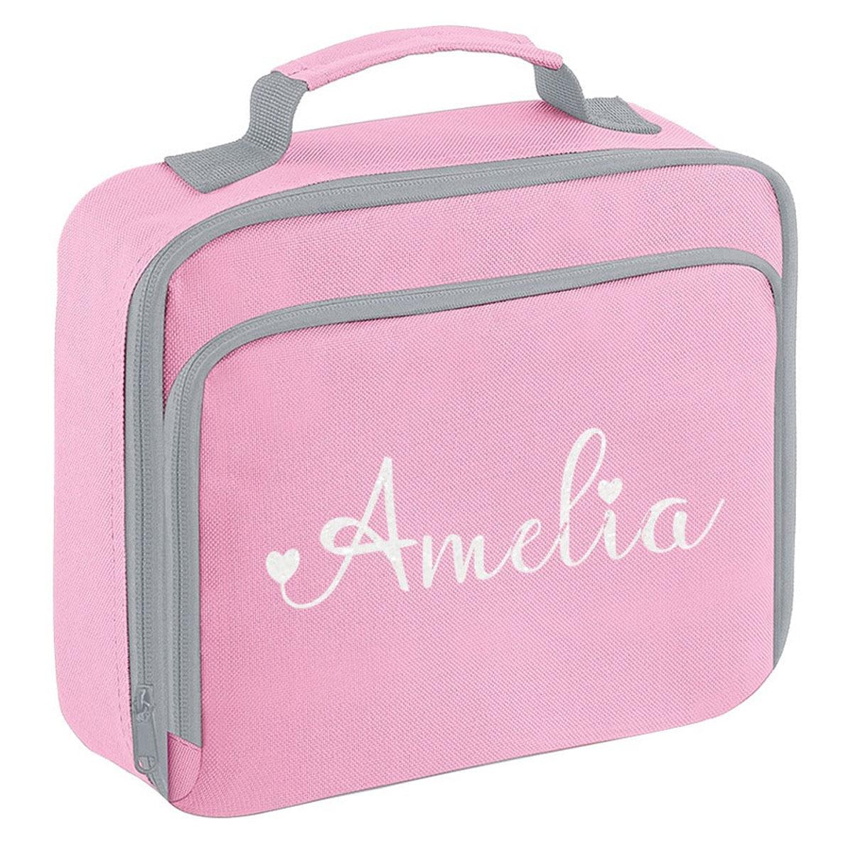 Personalised Girls Lunch Bag Childrens School Insulated Glitter Heart Snack Box