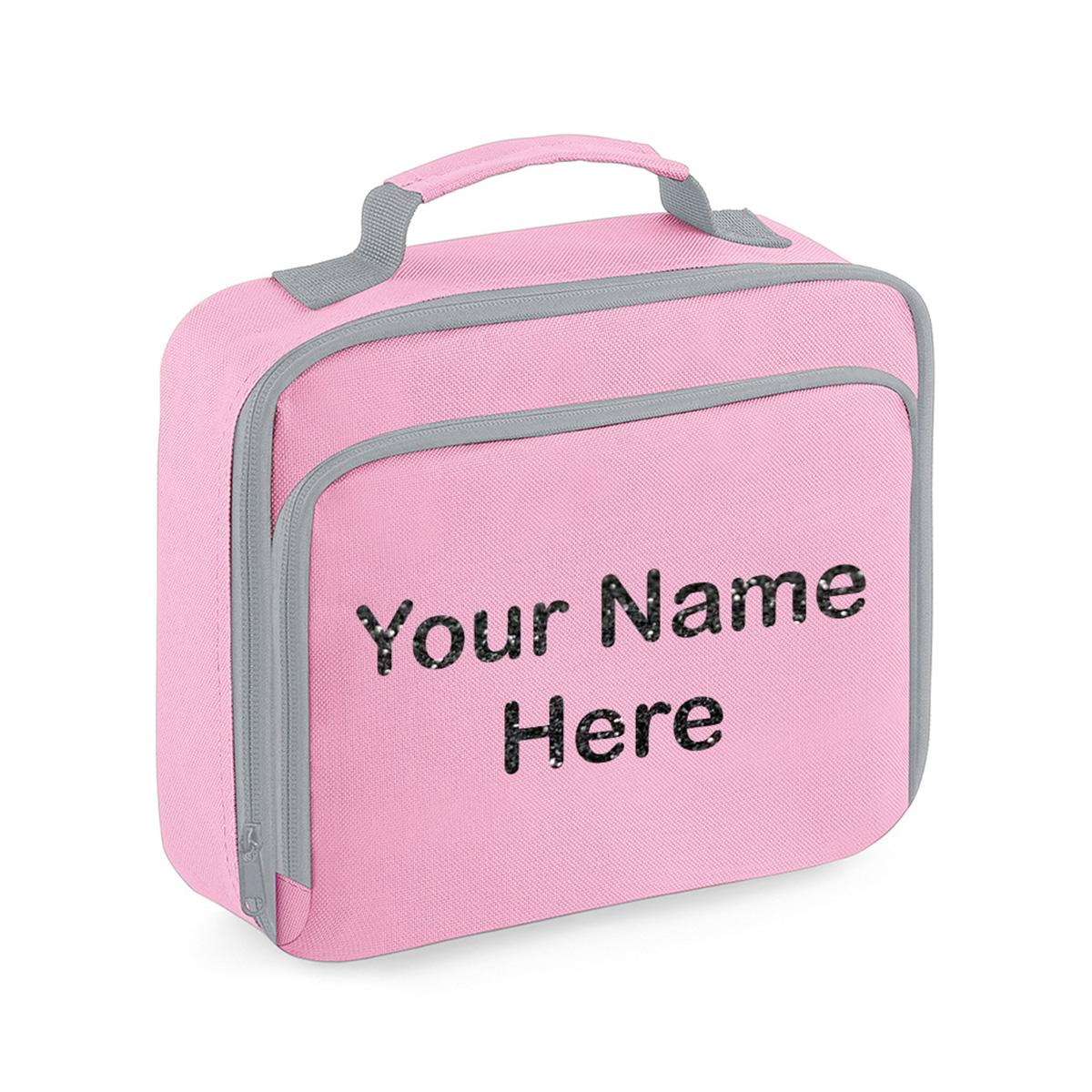 Personalised Girls Lunch Bag Children School Insulated Glitter Heart Snack Box