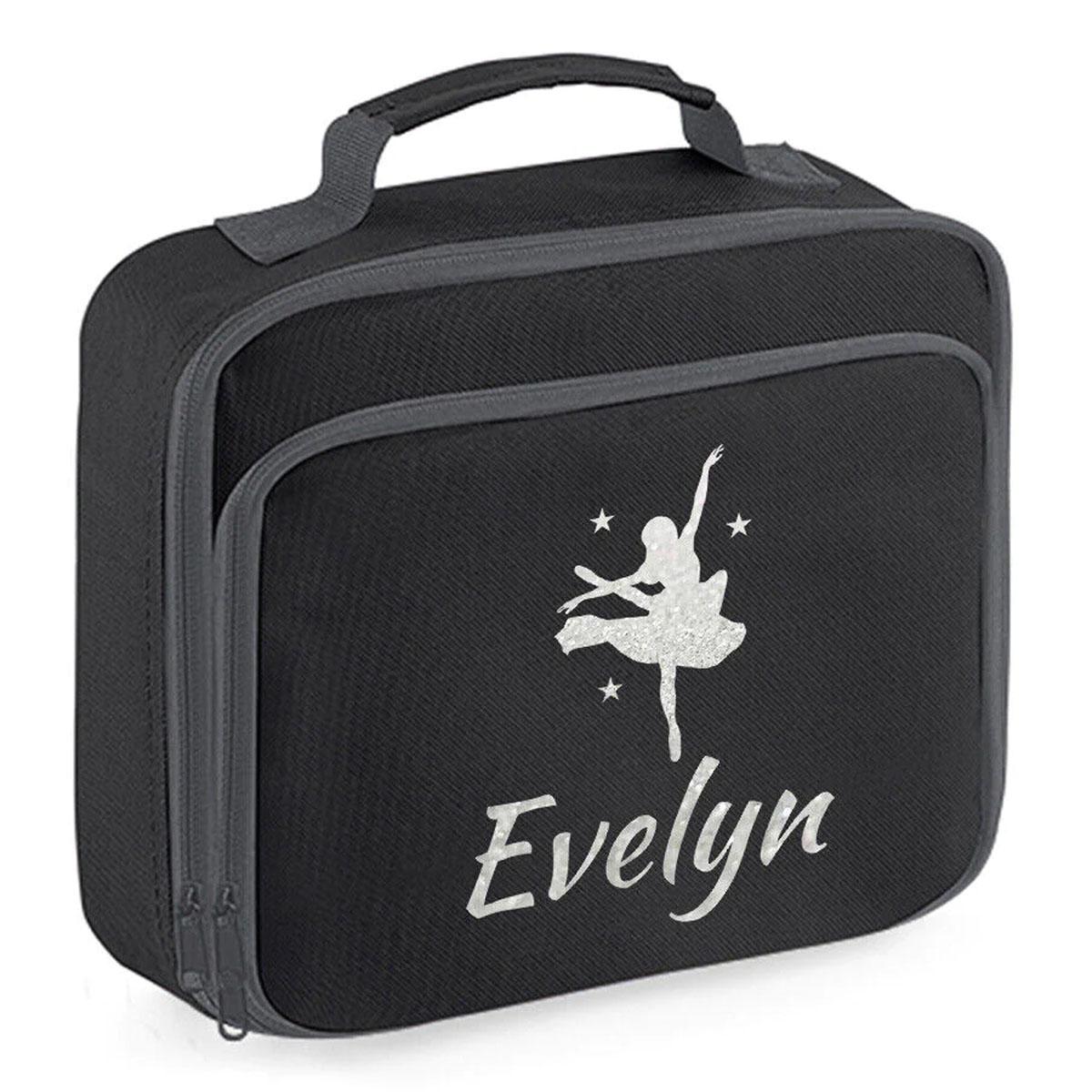Girls Personalised Glitter Dance School Lunch Bag Kids Gymnastics Insulated Box