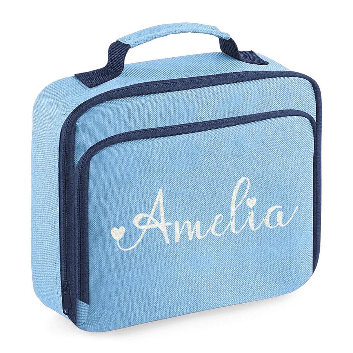 Personalised Girls Lunch Bag Childrens School Insulated Glitter Heart Snack Box