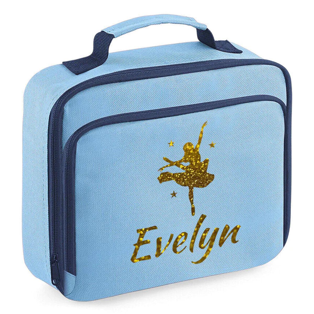 Girls Personalised Glitter Dance School Lunch Bag Kids Gymnastics Insulated Box