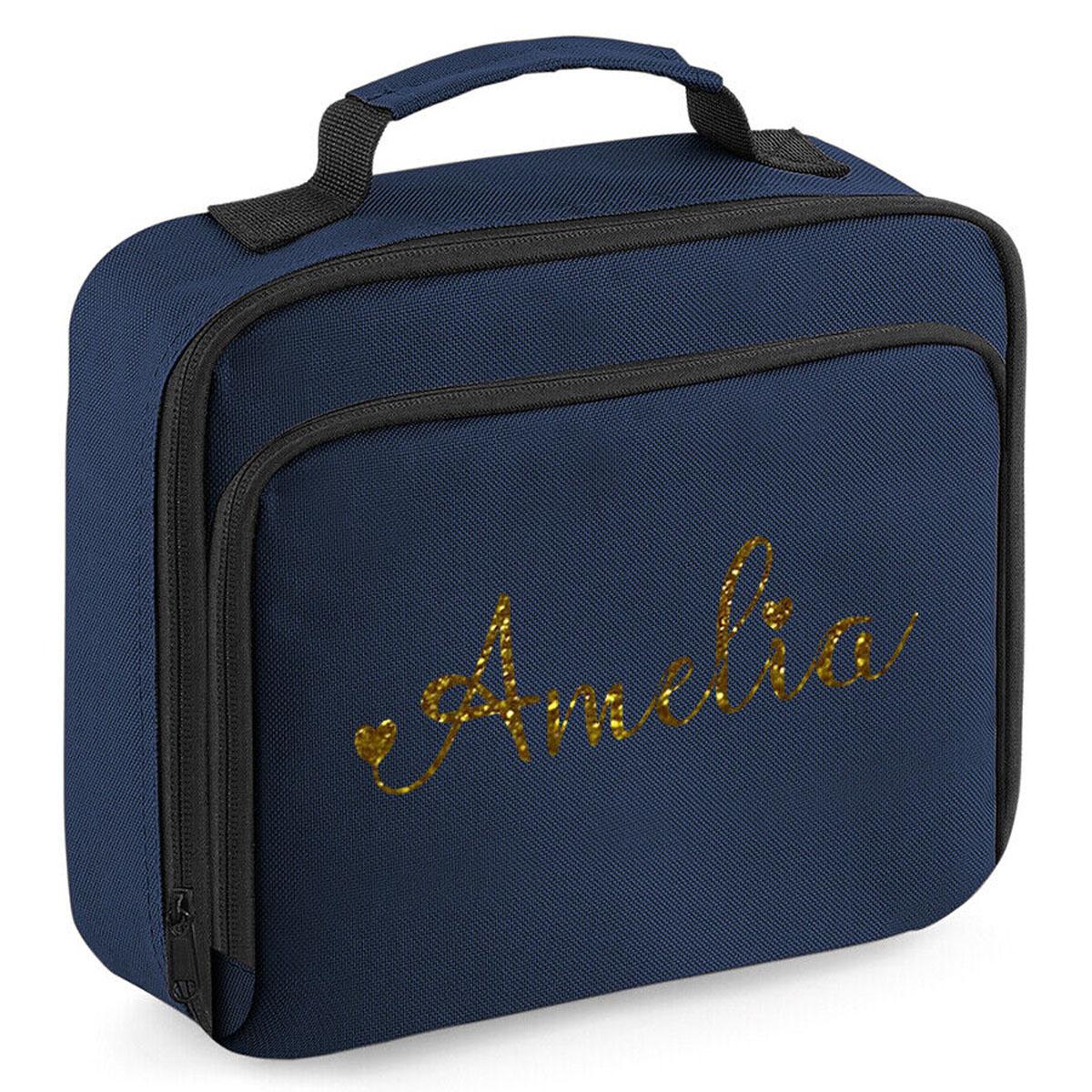 Personalised Girls Lunch Bag Childrens School Insulated Glitter Heart Snack Box