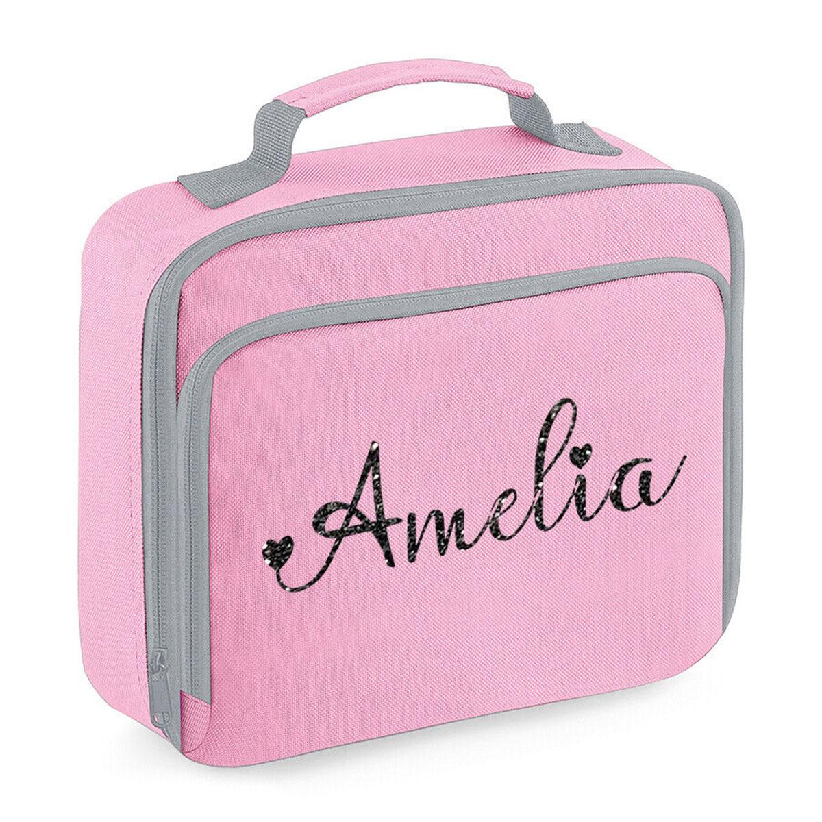 Personalised Girls Lunch Bag Childrens School Insulated Glitter Heart Snack Box