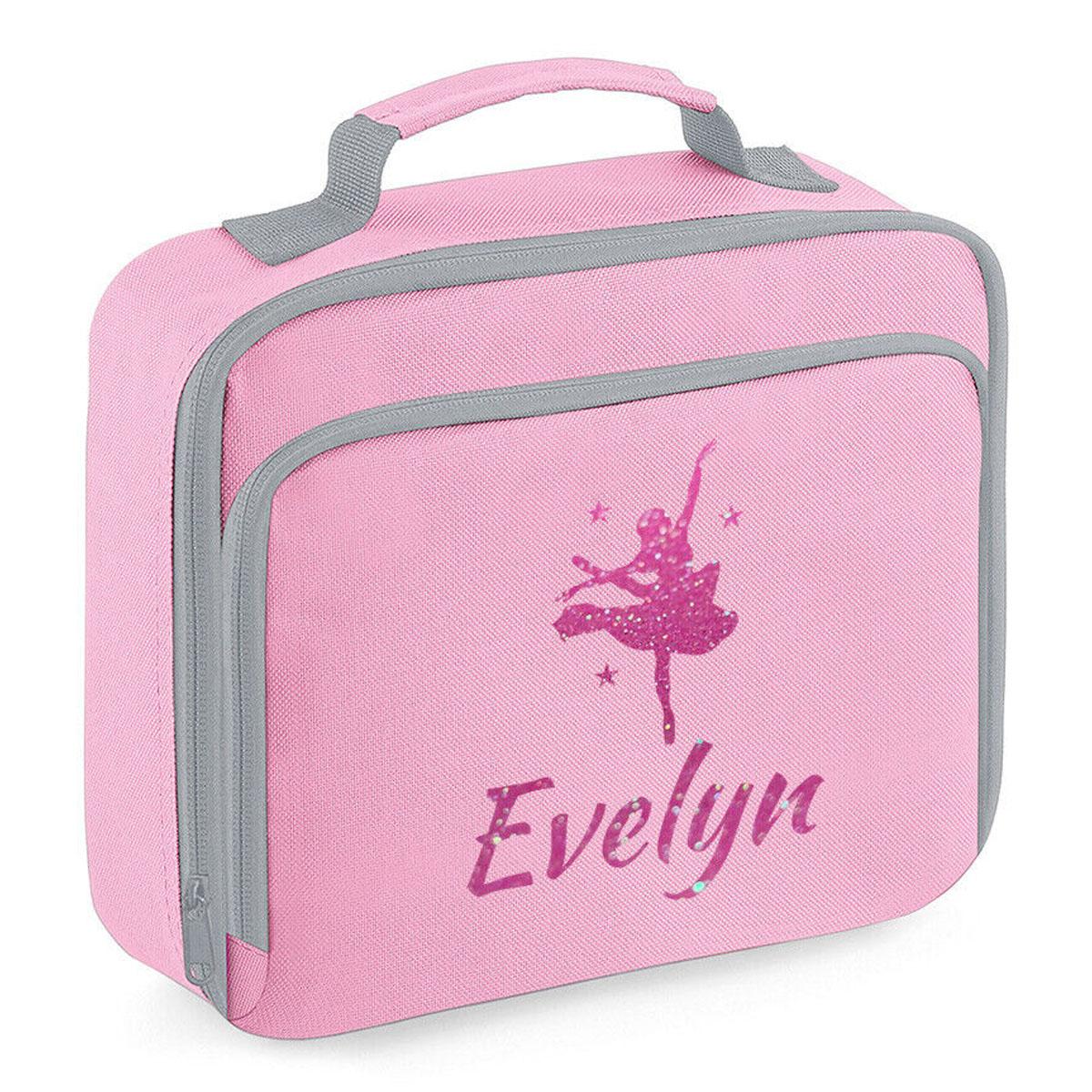 Girls Personalised Glitter Dance School Lunch Bag Kids Gymnastics Insulated Box