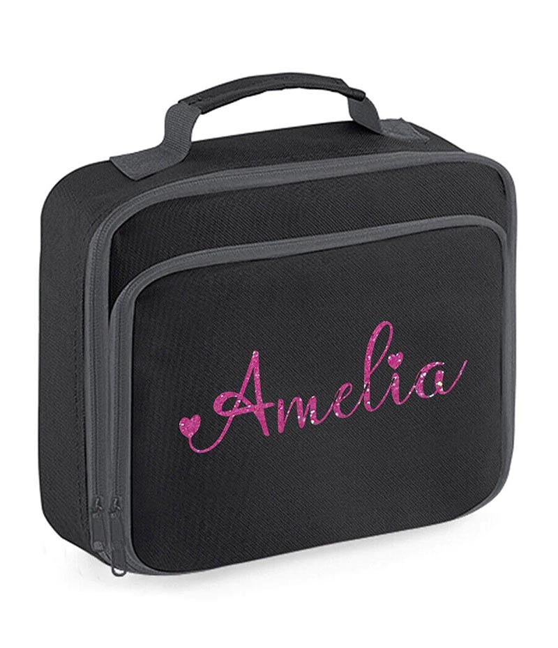 Personalised Girls Lunch Bag Childrens School Insulated Glitter Heart Snack Box