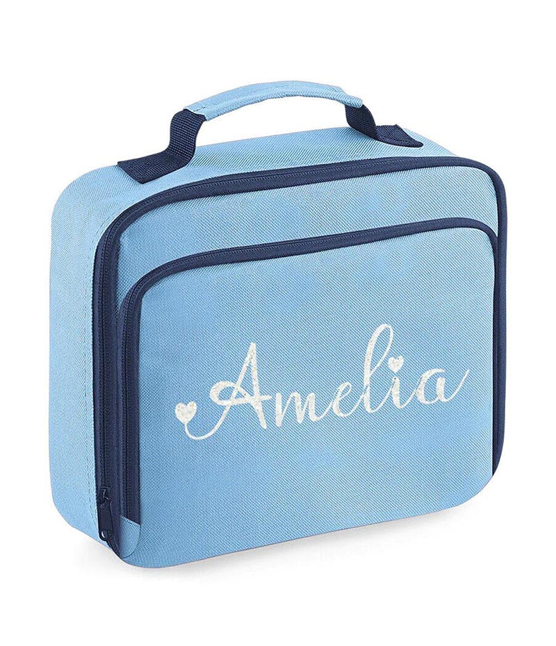 Personalised Girls Lunch Bag Childrens School Insulated Glitter Heart Snack Box