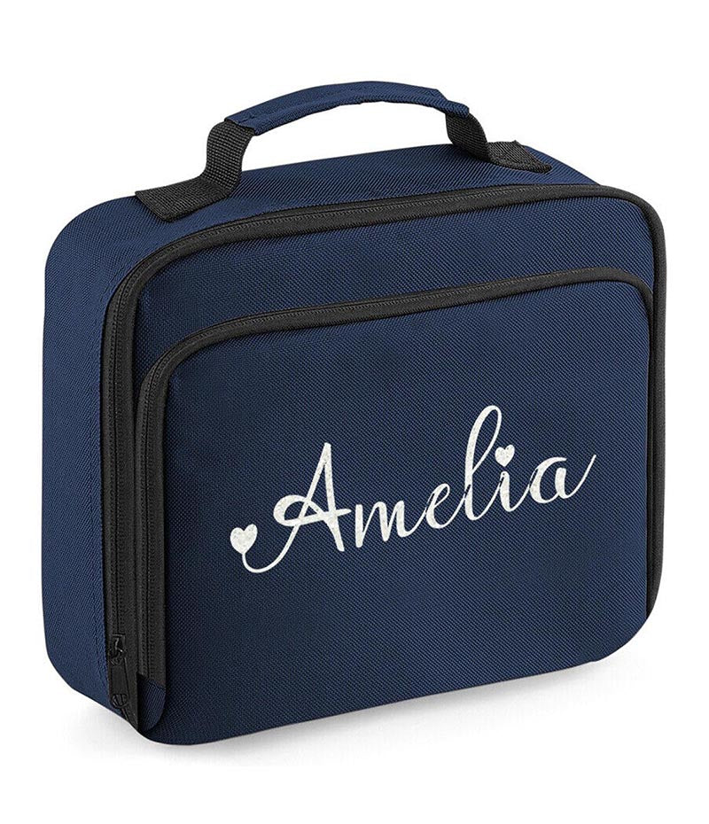 Personalised Girls Lunch Bag Childrens School Insulated Glitter Heart Snack Box