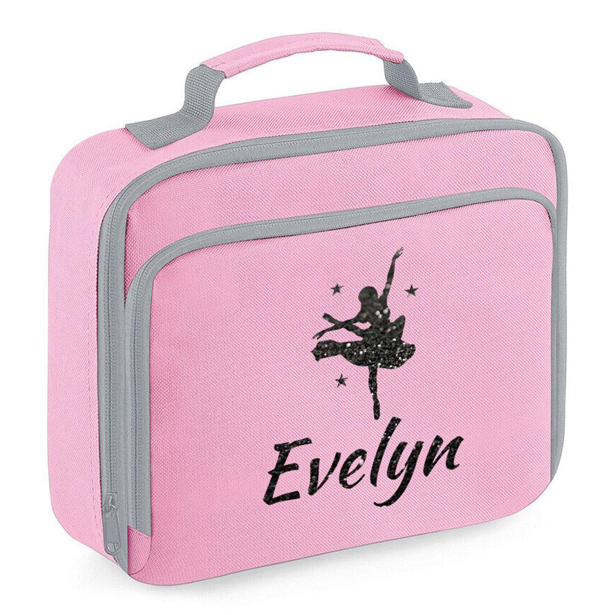Girls Personalised Glitter Dance School Lunch Bag Kids Gymnastics Insulated Box