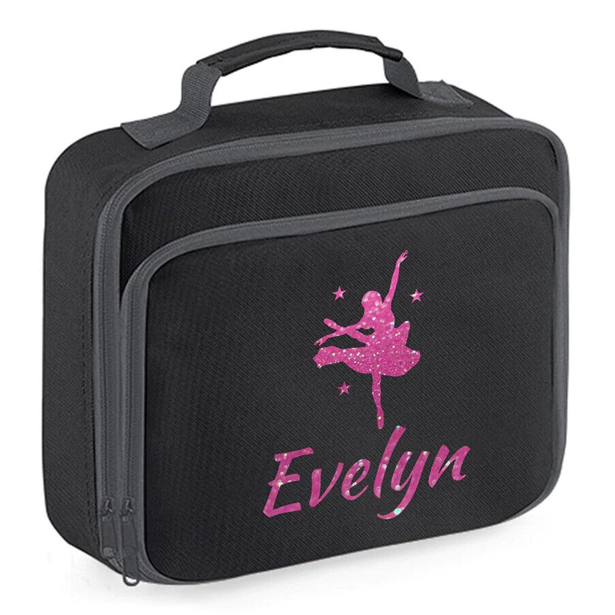 Girls Personalised Glitter Dance School Lunch Bag Kids Gymnastics Insulated Box