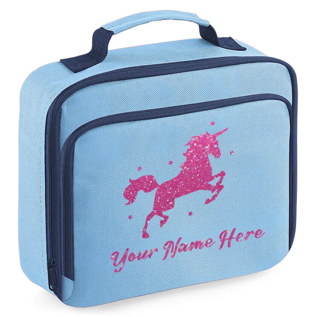 Personalised Unicorn Lunch Bag School Glitter Childrens Insulated Dinner Box