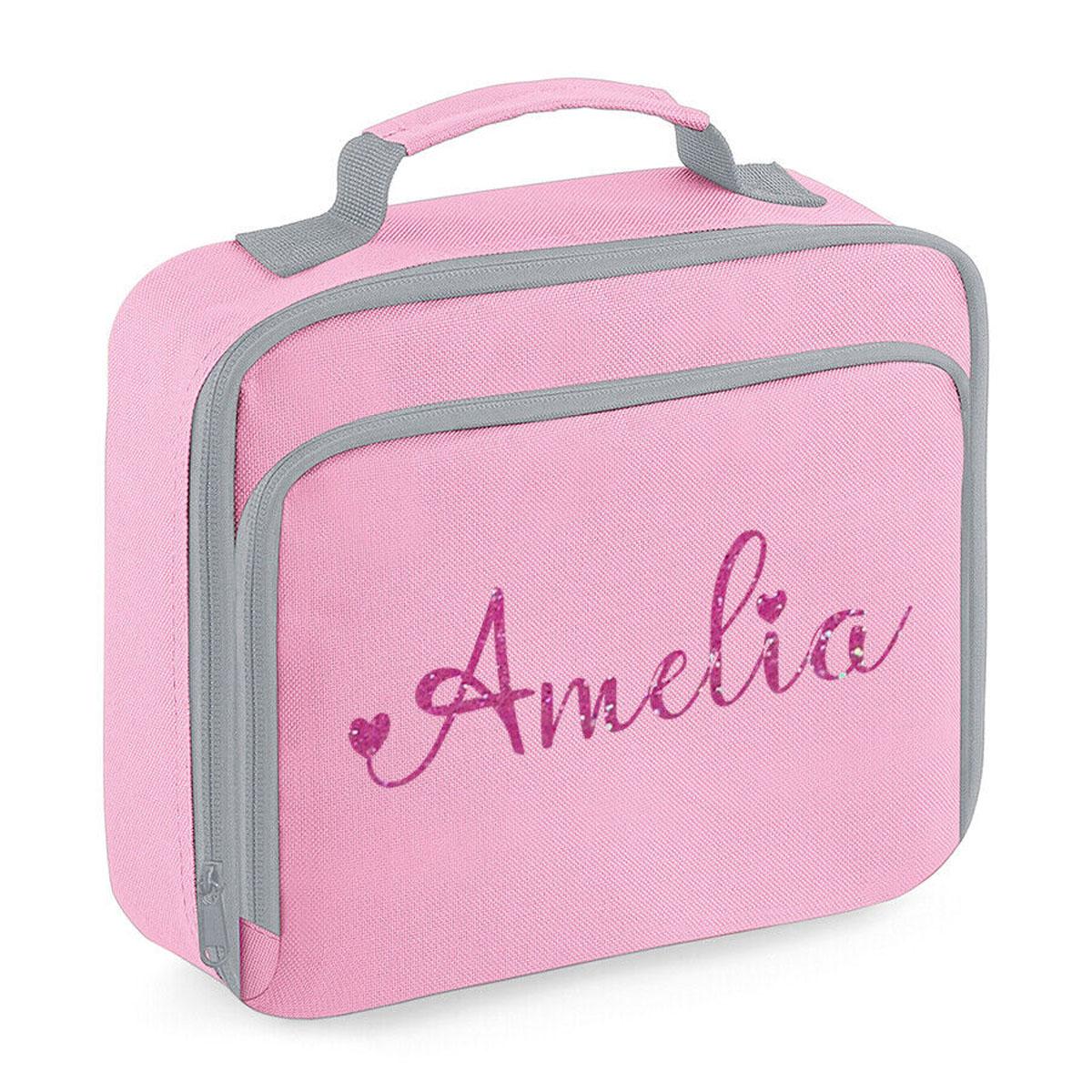 Personalised Girls Lunch Bag Childrens School Insulated Glitter Heart Snack Box