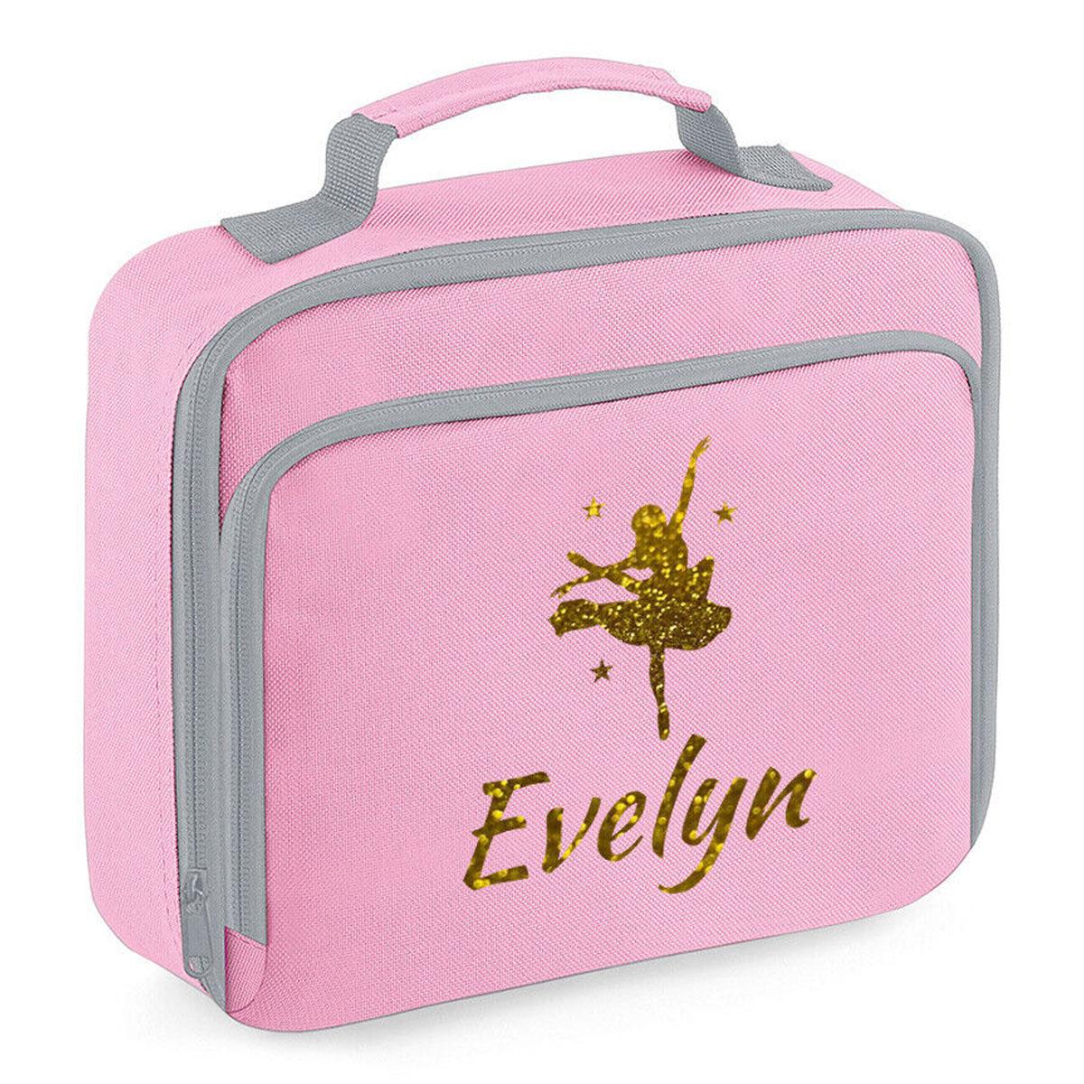 Girls Personalised Glitter Dance School Lunch Bag Kids Gymnastics Insulated Box
