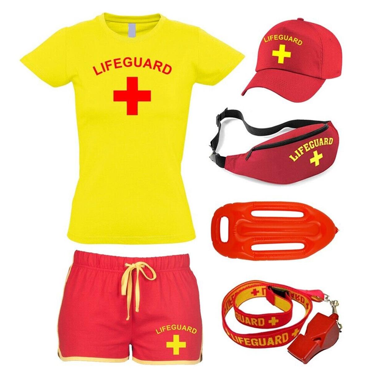Women Lifeguard Costume Fancy Dress Set Ladies Cool Vest, Shorts + Options Women