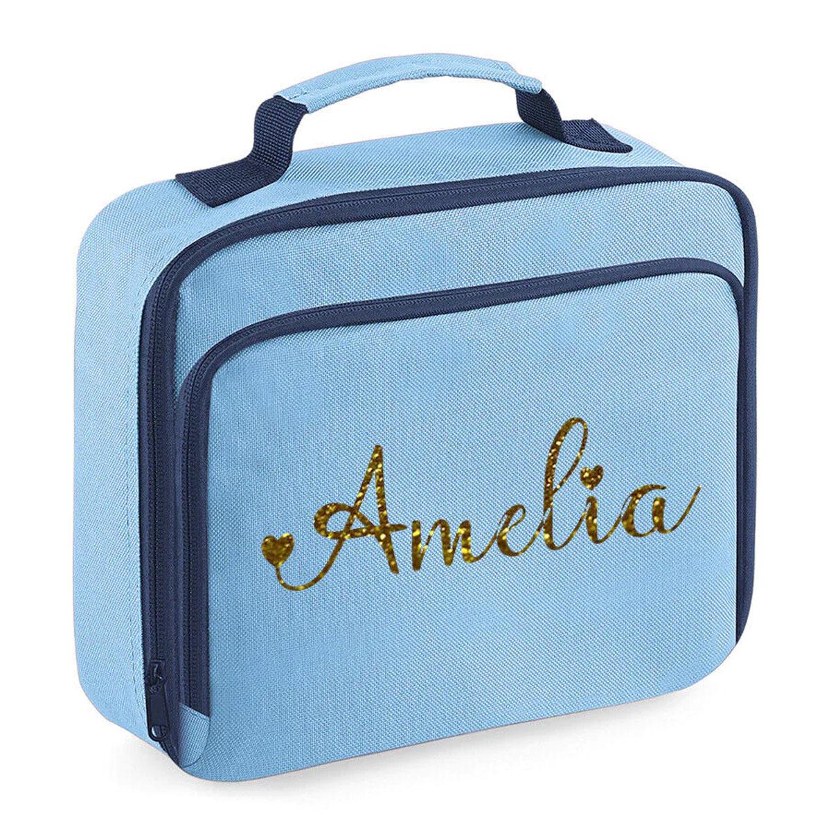 Personalised Girls Lunch Bag Childrens School Insulated Glitter Heart Snack Box