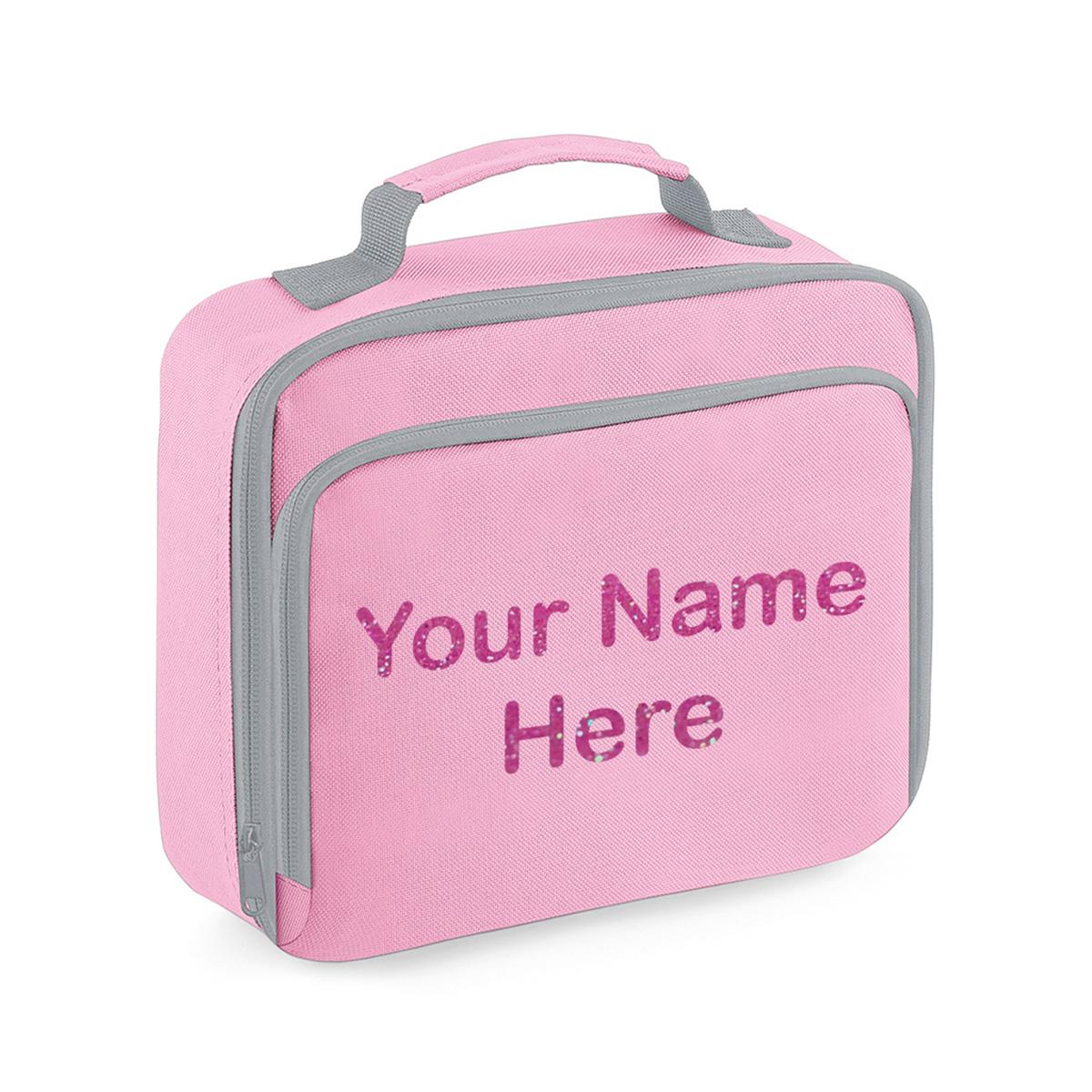Personalised Girls Lunch Bag Children School Insulated Glitter Heart Snack Box