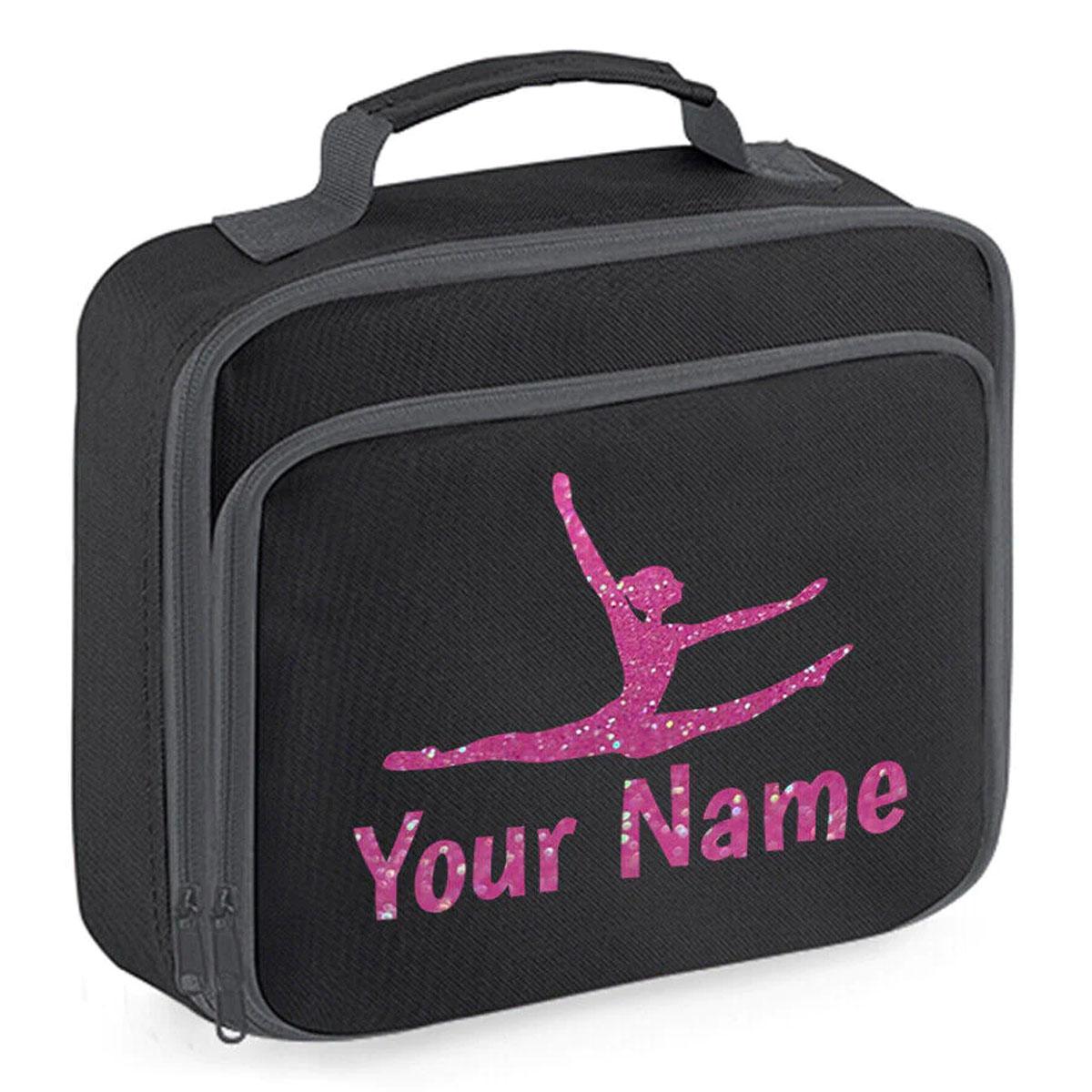 Girls Personalised Glitter Gymnastics School Lunch Bag Kids Dance Insulated Box