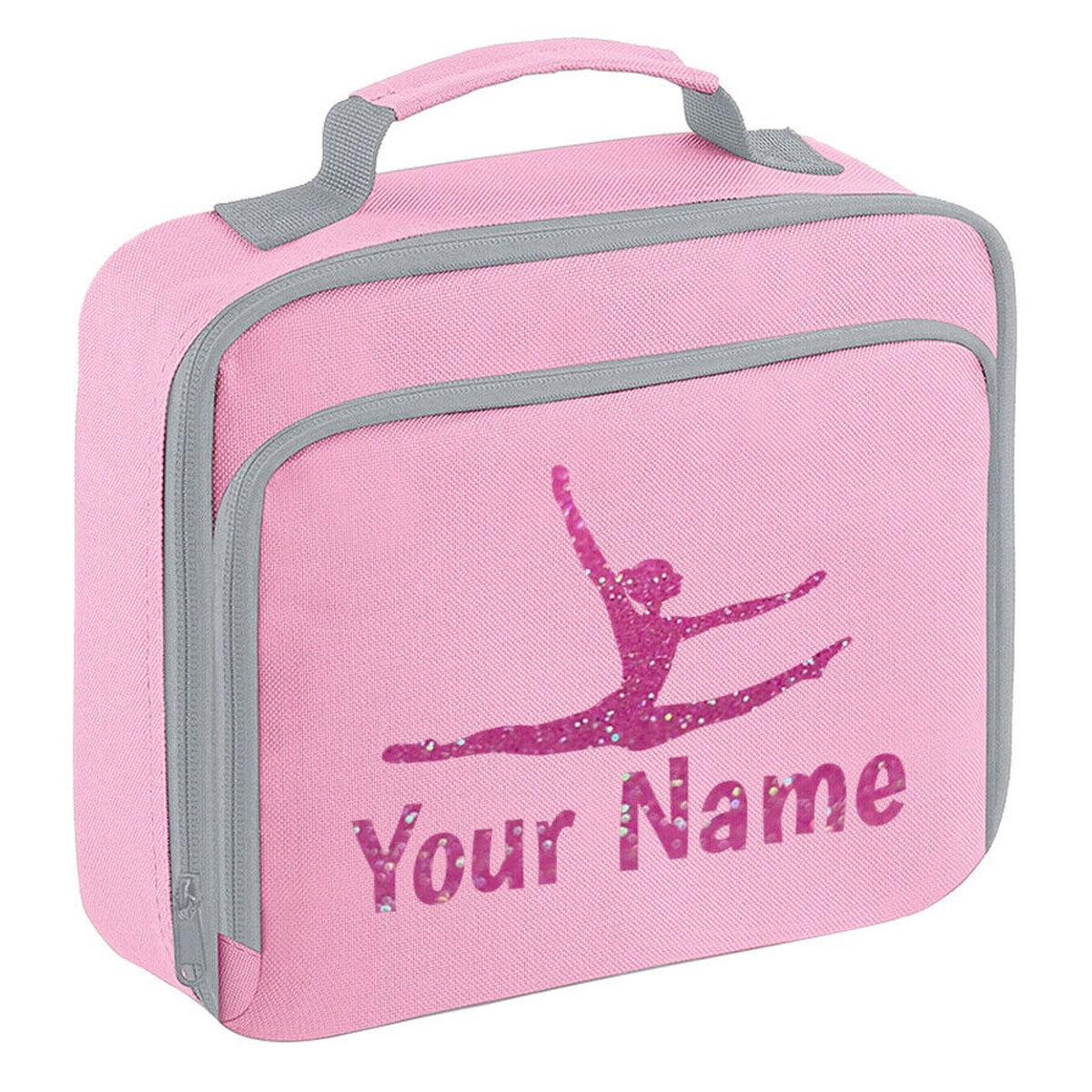 Girls Personalised Glitter Gymnastics School Lunch Bag Kids Dance Insulated Box