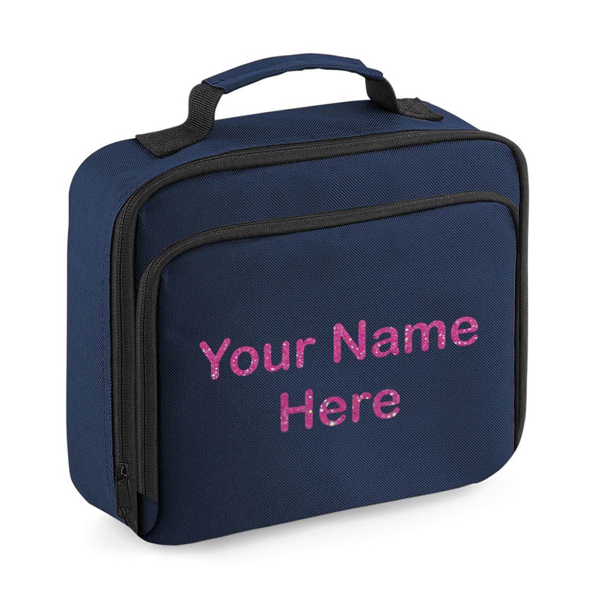 Personalised Girls Lunch Bag Children School Insulated Glitter Heart Snack Box