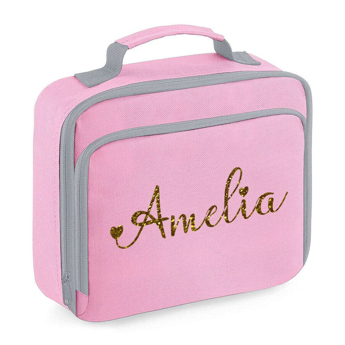 Personalised Girls Lunch Bag Childrens School Insulated Glitter Heart Snack Box