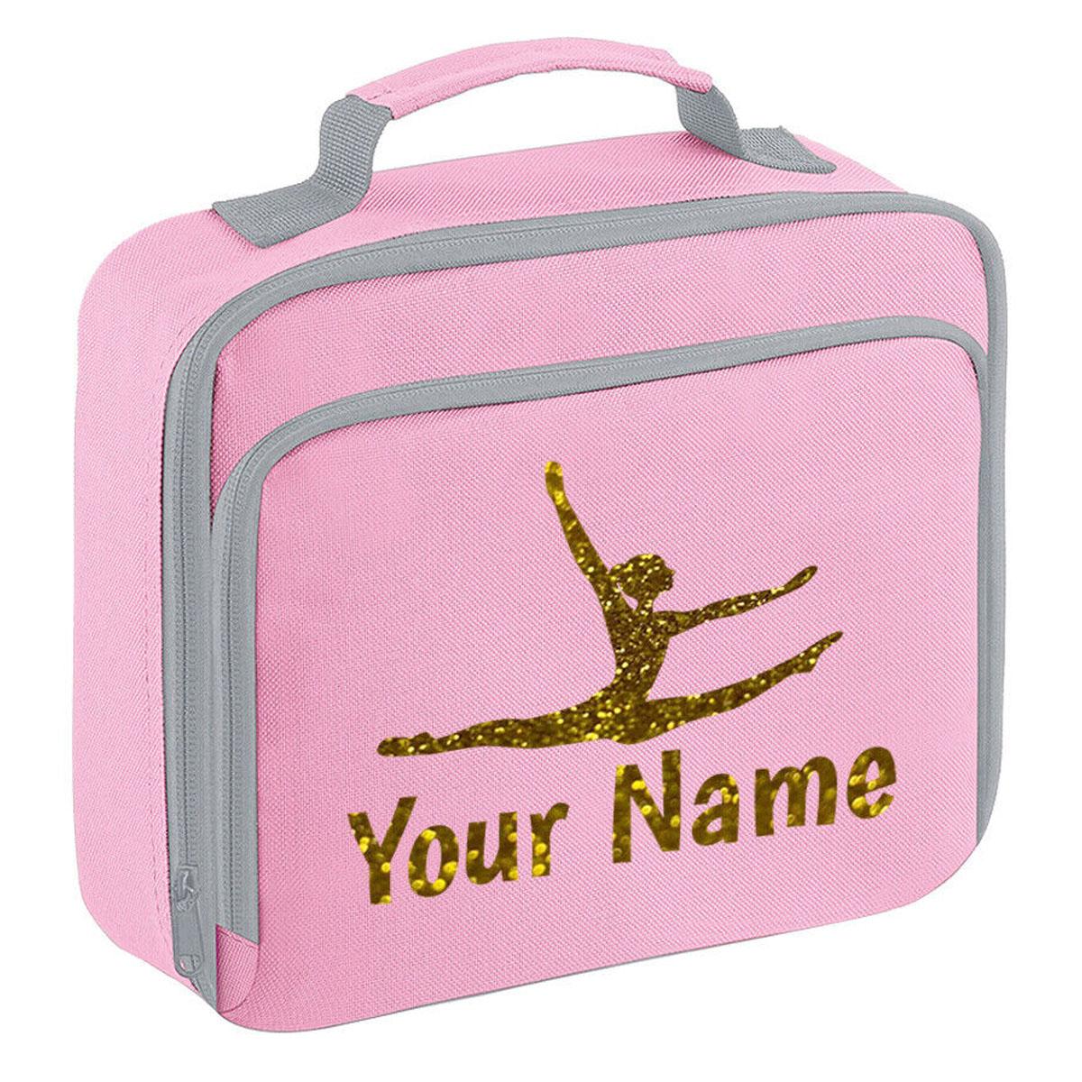 Girls Personalised Glitter Gymnastics School Lunch Bag Kids Dance Insulated Box
