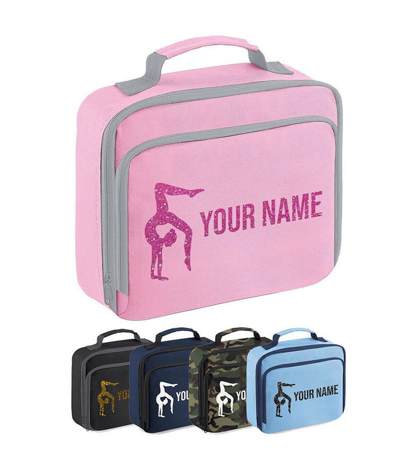Girls Personalised Glitter Gymnastics School Lunch Bag Kids Dance Insulated Box