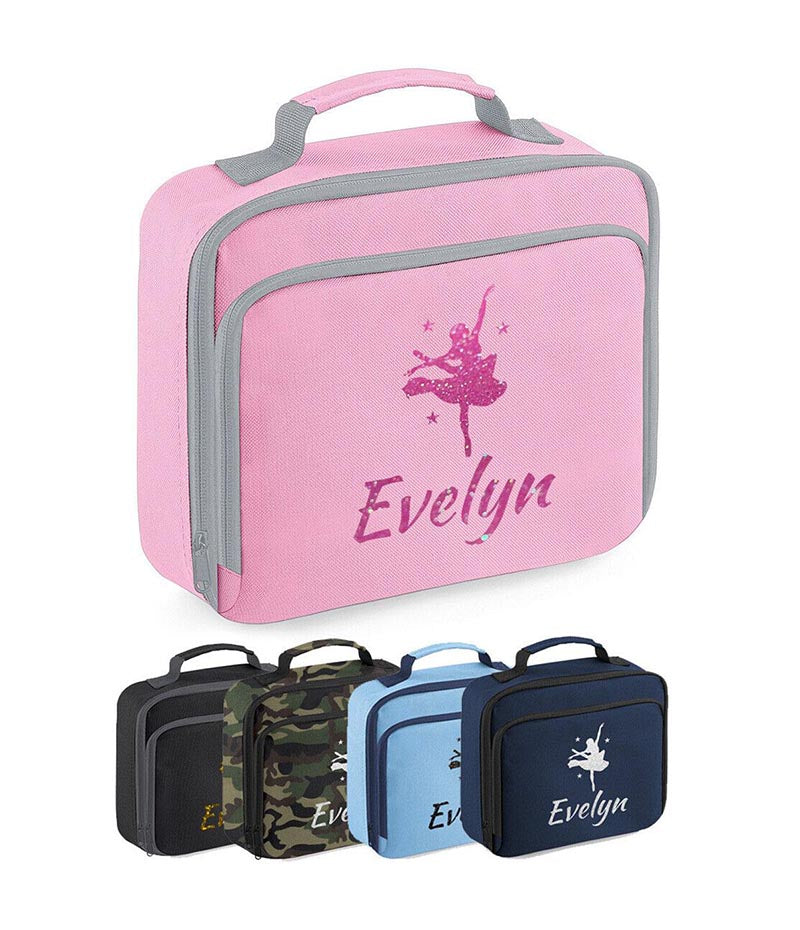 Girls Personalised Glitter Dance School Lunch Bag Kids Gymnastics Insulated Box
