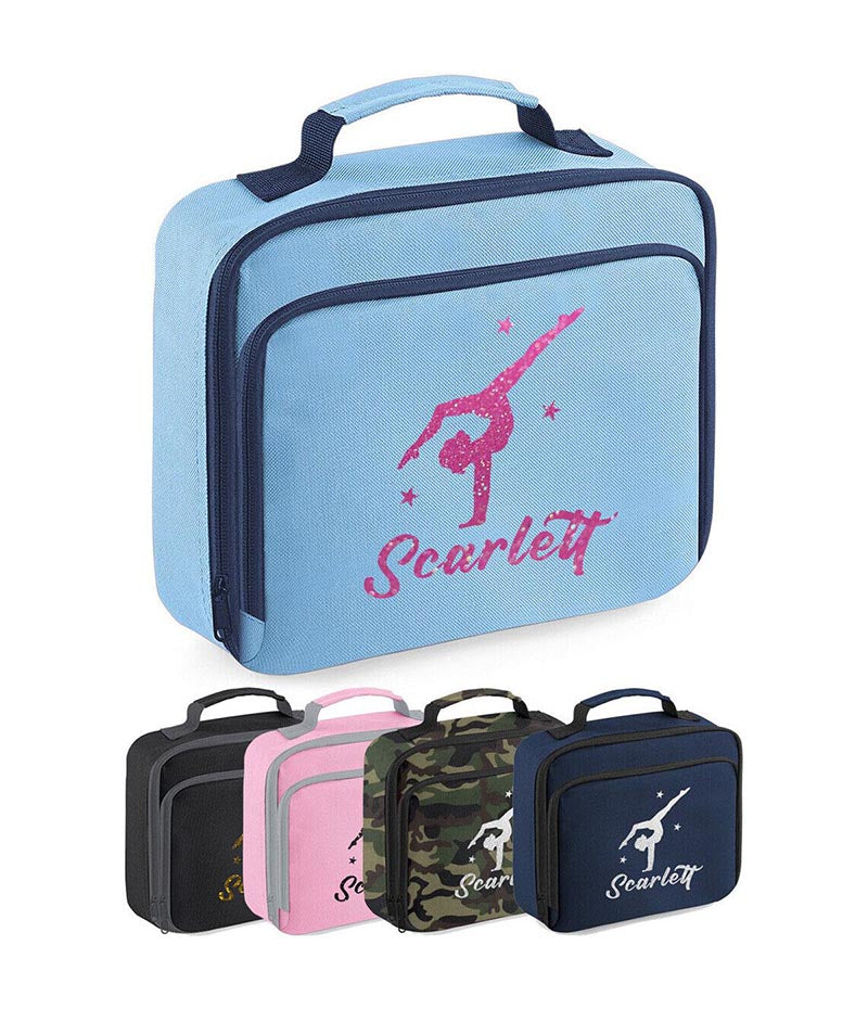 Girls Personalised Glitter Gymnastics School Lunch Bag Kids Dance Insulated Box