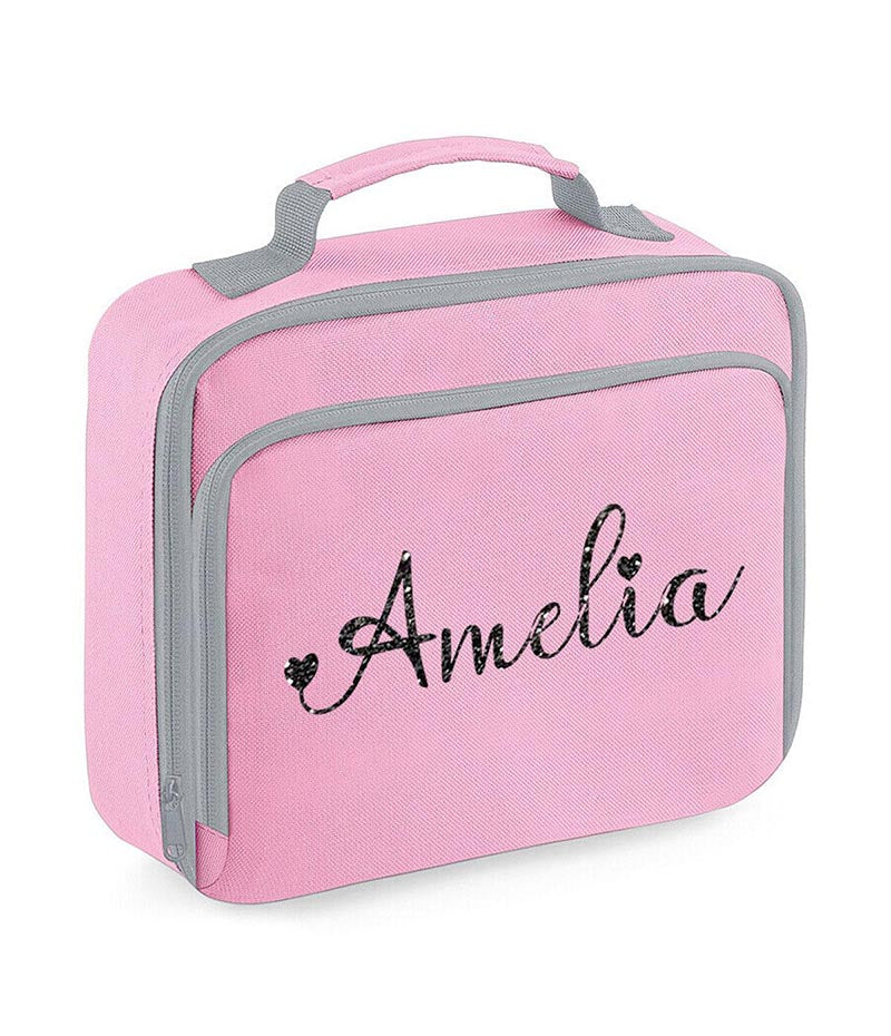 Personalised Girls Lunch Bag Childrens School Insulated Glitter Heart Snack Box