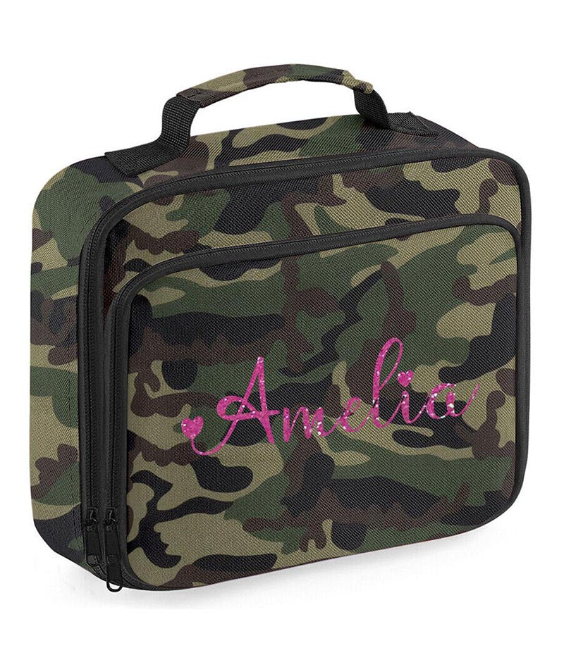 Personalised Girls Lunch Bag Childrens School Insulated Glitter Heart Snack Box